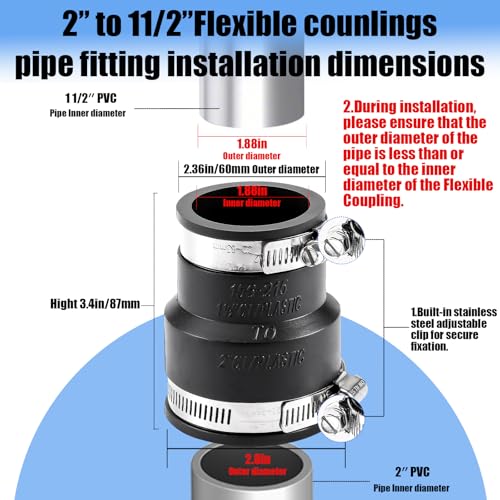 1 1/2" to 2" Flexible Pvc Pipe Coupling with Stainless Steel Clamp, Flexible Fitting for Connecting Cast Iron, Plastic and Copper Pipes, for Sewer and Drain Connections(Black) - size: 1 1/2" to 2"