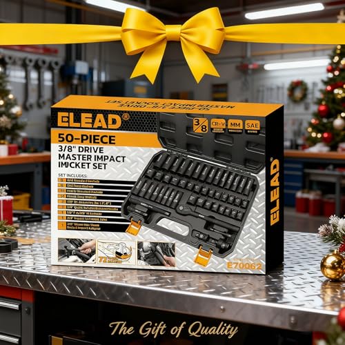 ELEAD 3/8" Drive Impact Socket Set - 50-Piece SAE (5/16" to 3/4") & Metric (8-22mm), 6-Point CR-V Steel Deep & Shallow Sockets with Ratchet Handle, Universal Joint, Extension Bar, Adapter - color: 3/8'' Drive Impact Socket Set Black