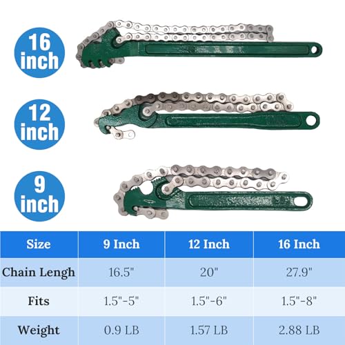 3 Pcs Heavy Duty Chain Wrench, 9 Inch 12 Inch 16 Inch Adjustable Oil Filter Chain Wrench Fits 1.5 Inch to 8 Inch Diameter for Pipe Car Repair (Green)
