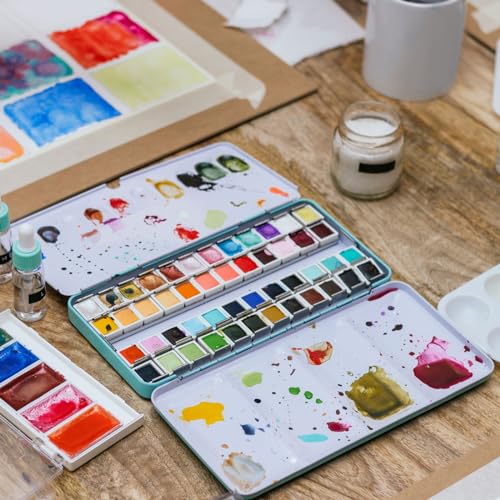 PATIKIL Empty Watercolor Palette, Metal Watercolor Tin with 26pcs Half Pans Paint Case with Lid Paint Box for Travel Gouache Oil Painting, Colorful 26 Wells - style: 26 Wells