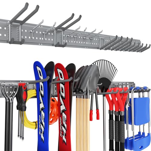 Garage Tool Organizer Wall Mount 66 inches with 13 Adjustable Heavy-Duty Hooks, Garage Organization, Garden Tool Storage Rack, Yard, and Shed, Holds Up to 520 lbs (Grey) - size: 66" | 4 Panels + 13 Hooks