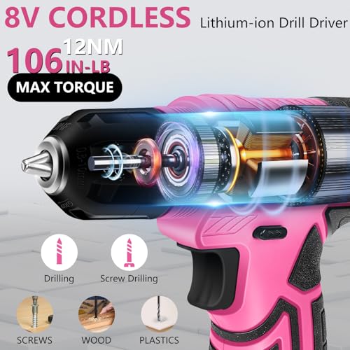 JENABOM 127-Piece Home Tool Set with 8V Pink Cordless Drill - color: Light Pink