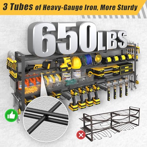 49''W Power Tool Organizer Wall Mount, 650LBS, 4 Tier, 12 Drill Holders - size: 49.4" Width 4-Tier