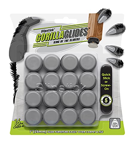 GorillaGlides 1 Inch Chair Sliders/Furniture Floor Protectors (16 Furniture Glides) Self-Adhesive Screw On Chair Glides for Sliding on Low-Pile Carpet & Hard Surface Floors, Round - size: 1 Inch Furniture - 16 Pack