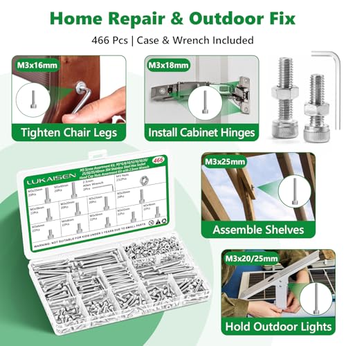 466 Pcs M3 Hex Socket Cap Screws Nuts Washers Wrench Kit, 304 SS - size: SS M2 466pcs 3