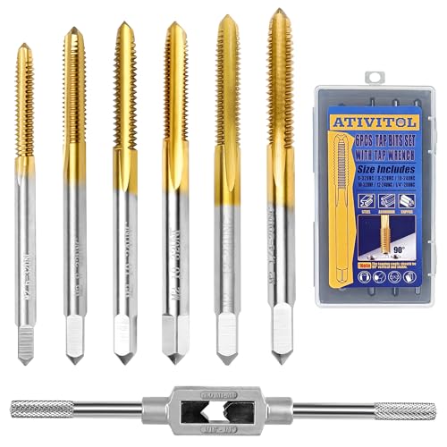 6Pcs SAE Tap Set with 1Pc Tap Wrench for Metal,6-32 UNC to 1/4"-20 UNC - size: 6-32 to 1/4"-20 - 6Pcs Tap Set