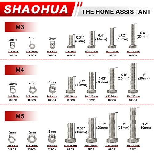 M3 M4 M5 Metric Bolt Assortment, 512PCS 8mm to 30mm Screw Assortment, 304 Stainless Steel Nuts and Bolts, A2-70 Flat Hex Screws Bolts and Nuts Kit, Lock and Flat Gasket Washers Assortment Kit - size: D. M3 M4 M5