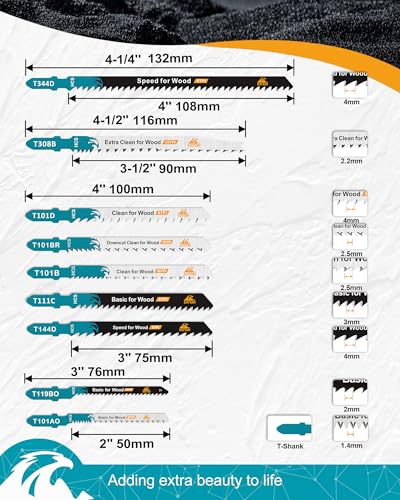 50PCS T-Shank Jig Saw Blades Set, EXFEIN Assorted Blades for Wood (T101AO,T101B,T101BR,T119BO,T308B,T144D,T111C,T344D) - size: Set 4 (T101AO-T344D)