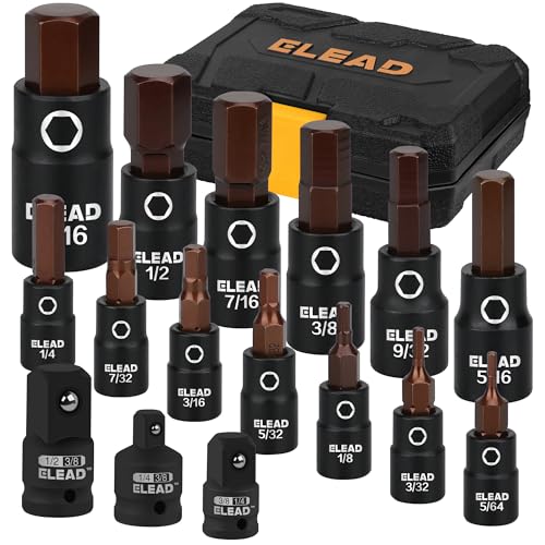 16-Piece SAE Hex Bit Impact Socket Set - Premium S2 Steel 5/64"-9/16" Allen Socket Set with Socket Adapters, 1/4”, 3/8” and 1/2” Drive | Professional Mechanic Garage Tools - style: SAE Hex