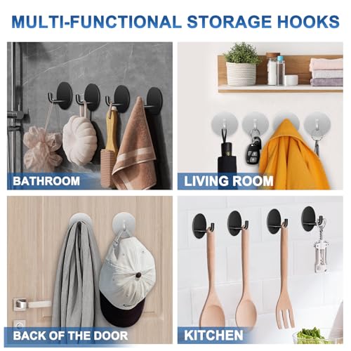 Adhesive Hooks for Bathrooms, 4 Piece Towel Hooks for Hanging Hat Robe Coat, Stick on Hooks for Kitchens, Strong Self-Adhesive No Damage Waterproof Stainless Steel Sticky Hook (Black) - color: Round-A-Black