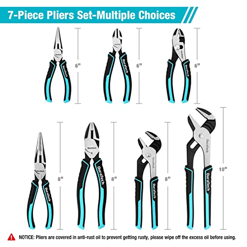 DURATECH 7-Piece Pliers Set with Rolling Pouch,Cr-Ni Construction | 10" & 8" Groove Joint, 8" & 6" Long Nose, 8" Linesman, 6" Slip Joint & Diagonal Pliers