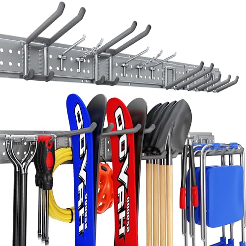 Garage Tool Organizer Wall Mount 49.5 inches with 10 Adjustable Heavy-Duty Hooks, Garage Organization, Garden Tool Storage Rack, Yard, and Shed, Holds Up to 400 lbs (Grey) - size: 49.5" | 3 Panels + 10 Hooks