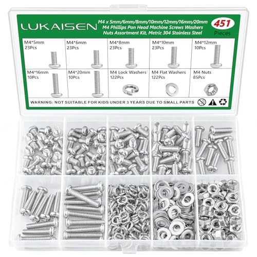 451Pcs M4 Phillips Pan Head Machine Screws Nuts Washers Set,304 SS | With Flat & Spring Washers, For Furniture Repairs & Diy,M4x5/6/8/10/12/16/20mm, Clear Label Storage Box - size: 451Pcs M4*5/6/8/10/12/16/20mm