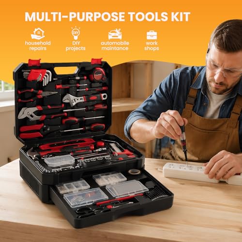 NEWBULIG 330-Piece Complete Tool Box Set, Durable Homeowners Tool Kit with Pull-Out Drawer, Versatile Home Repair Kit for Auto & Household, DIY Projects, Black-Red - color: Black Red, size: 15.7