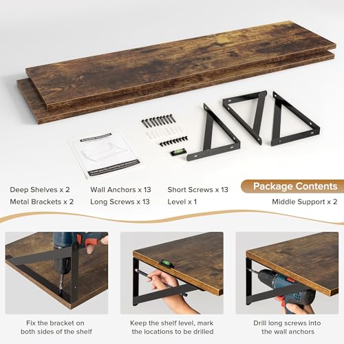 Acovy Deep Floating Shelves Wall Mounted, 48"x12" Brown Wood Shelves with Brackets Set of 2 for Bedroom, Living Room, Bathroom, Kitchen, Office - Storage & Display Shelf for Decor, Books, Plants - color: Rustic Brown, size: 48"Wx12"D-2pcs