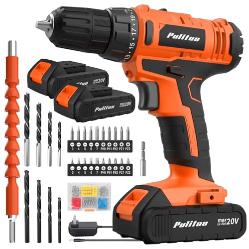 PULITUO 20V Cordless Drill/Driver, 2 Batteries Electric Screwdriver, 30Nm Power Drill Driver, 21+1 Torque, 2 Speed, 3/8"Keyless Chuck, power Drill with LED Light, Drill Driver Kit for Home (Orange) - style: 20V Drill (orange)-double