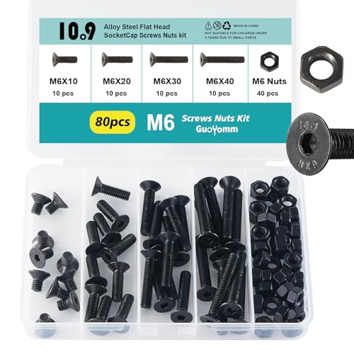 M6 x 10mm 20mm 30mm 40mm, Flat Head Hex Socket Cap Screws Bolts, Countersunk Bolts and Nuts, 10.9 Grade Alloy Steel, Black Oxide, Metric Allen Drive, Fully Thread, Assortment Kit 80PCS - size: M6x10-40mm+Nuts