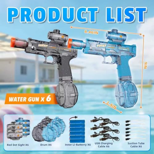 6pcs Electric Water Gun for Kids Adults, Auto Squirt Gun with Flashing Muzzle, 26FT Range, Leak-Proof Rechargeable Water Blaster for Summer Pool Beach Water Fights (3 Black+3Blue) - style: 6-Pack