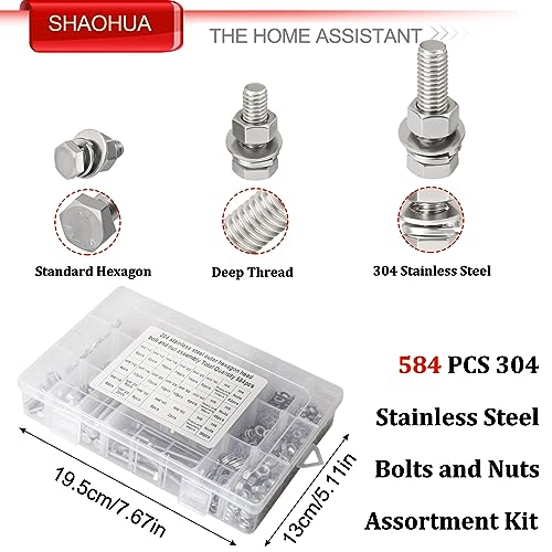 M4 M5 M6 Metric Bolt Assortment Kit 10mm to 50mm, A2-70 Hex Bolt, 304 Stainless Steel Heavy Duty Flat Hex Head Screws Bolts and Nuts Kit, Nuts Flat and Lock Washers(Silver), 584PCS - color: Silver - 584PCS M4 M5 M6
