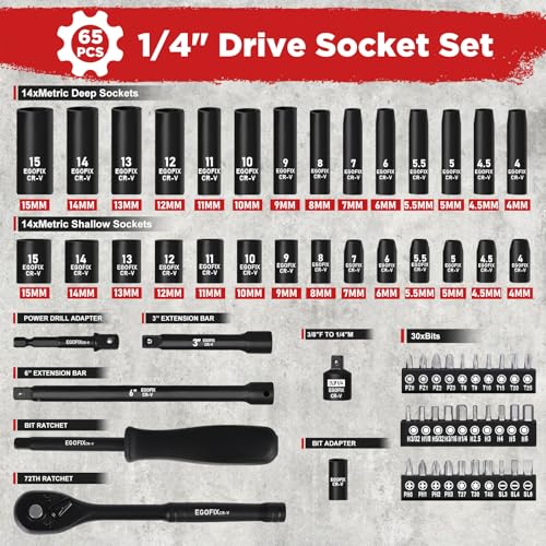 1/4" Ratchet Wrench Socket Set 65 Piece, Metric Shallow Socket (4-15mm) and Deep (4-15mm), with 72-Teeth Ratchet, Screwdriver Bit Set, Small Tool Kit for Home Use and Automotive Repair - color: 1/4-65pcs