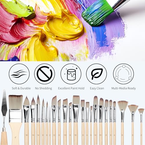H & B 25PCS Paint Brush Set with Canvas Roll for Acrylic Oil Watercolor - color: Nature Wood