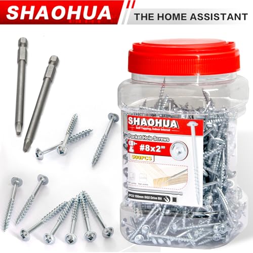 500 Pcs #8 2" Pocket Hole Screws, Coarse Thread for Furniture, Cabinets, Compatible with Kreg Jig, Zinc Plated Pocket Screws for Indoor Use, Portable Handheld Box w/ SQ2 Square Drive Bit - size: B. #8 2"