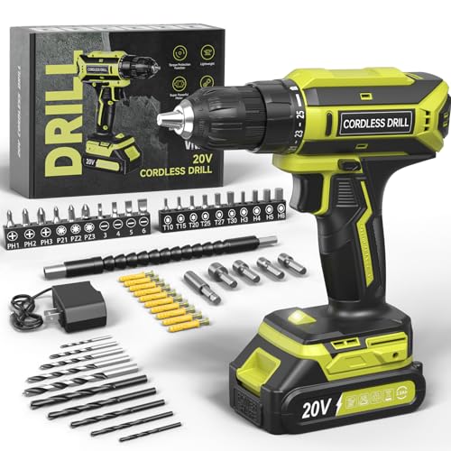 Cordless Drill, 20V MAX Power Drill Set with 2.0Ah Power Pack & Charger, 3/8 Inch Keyless Chuck, Variable Speed, 25+1 Position and 56PCS Bits/Screws, Power Tools for Home Projects - color: Robigreen