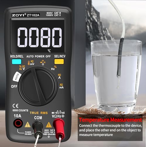 ZOYI Digital Multimeter, True RMS Auto-Ranging 6000 Counts with NCV. 750V AC, 1000V DC auto Identification, Data Hold, Resistance, Capacitance, Diode, Frequency and Temperature Measurement