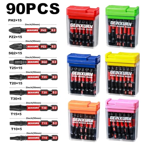 Geinxurn 90 Pieces Impact Screwdriver Bits Set with Colorful Boxes, 2" Magnetic (PH2,PZ2,SQ2,T10,T15, T20,T25,T30) S2 Steel Multi Driver Bits - color: Multi-bit, size: 2''-90PCS