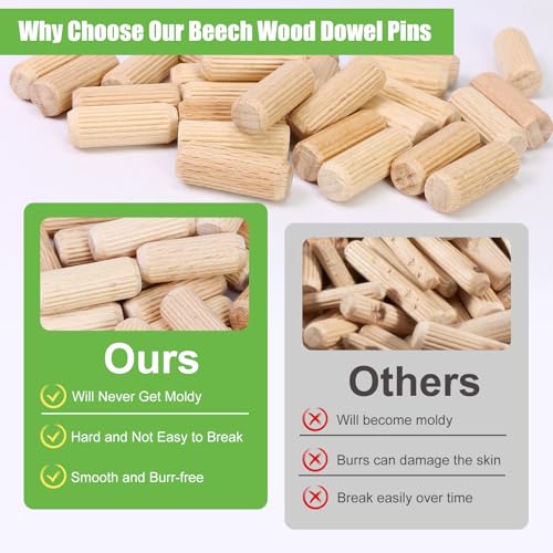 3/8" x 1-3/4" Wooden Dowel Pins, FoDau770 Fluted Wood Dowel Rods, Natural Beech Wood Dowel Pegs for Crafts, Woodworking, DIY Furniture - 200 Pieces - size: 3/8" x 1-3/4"