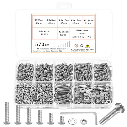 570 Pcs M3 Screws Kit, M3 Machine Screws and Nuts and Washers Set, Assorted Button Head Socket Cap Screws Nuts and Bolts Assortment Kit, Stainless Steel Metric Screw Assortment, Fully Threaded - size: M3