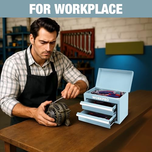 WORKPRO Metal Mini Tool Box with 2 Drawers and Top Storage - color: Macaron Blue