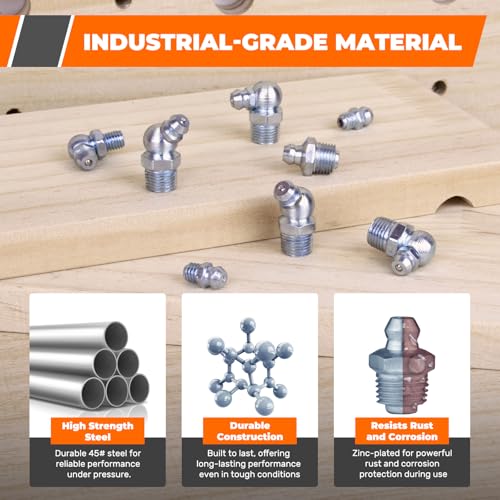 100PCS Grease Fittings Assortment, 18 Essential Sizes SAE & Metric Zerk Grease Fittings Kit– Includes UNF NPT 1/4" 1/8" M6 M8 M10, Straight 45 90 Degree for Grease Guns - size: 100