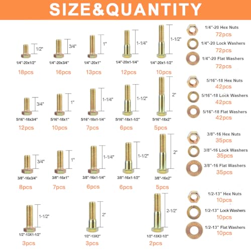 626PCS Assorted Nuts and Bolt Assortment Kit, SAE Grade 8 Heavy Duty Bolts and Nuts Kit, Including 1/4-20 5/16-18 3/8-16 1/2-13 SAE Sizes - size: 626PCS SAE (1/4-20, 5/16-18, 3/8-16, 1/2-13)