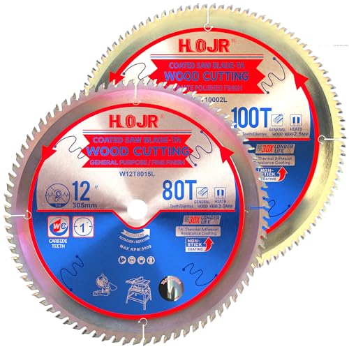 Woodworking Circular Saw Blades 2-Pack 12", Arbor 1", Framing/General Wood, Special Anti-Heat Adhesion Coating on Cutting Edges, High Finish, Long Life, 12" 80 Teeth & 100 Teeth -TA - size: 12" 80T+12" 100T