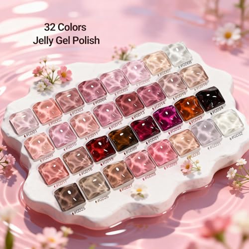 JODSONE Jelly Gel Nail Polish Set, 32 Colors Sheer Pink Gel Polish Set with Base & Top Matte Glitter Coat for Nail Art DIY Salon at Home - color: B30