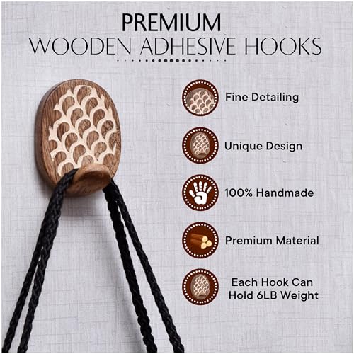 Indian Shelf 6 Pieces Wooden Adhesive Wall Hooks for Keys, Bags & Hats - color: Brown Style 5