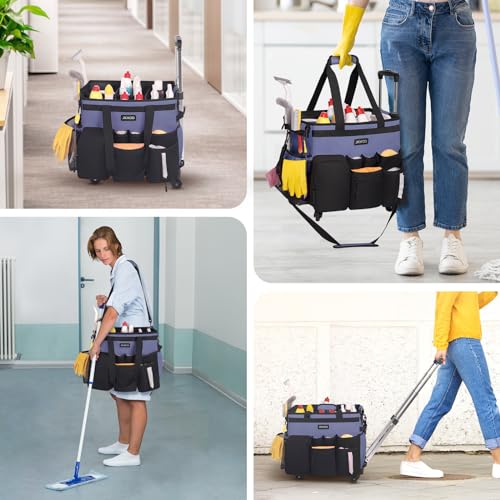 JKAOO Large Rolling Cleaning Caddy Bag with Detachable Trolley, Denim Blue - color: Denim Blue