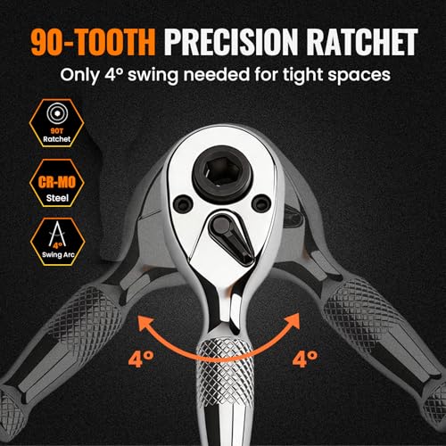 1/4" Stubby Ratchet Wrench & Bit Set, 90T Dual Head Mini Ratchet, Reversible Ratchet with 3" Extension Bar & 10-Piece Hex Bit Set for Tight Spaces - size: 1/4"