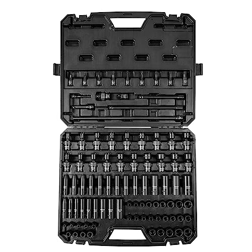 VEVOR Impact Socket Set 3/8" Drive, 90 PCS, CR-MO, SAE 1/4"-3/4" Metric 6-19mm, with Shallow & Deep Sockets, Swivel & E-Torx & Bit socket Sockets, Extension Bars, Adapters, Universal Joint - size: 3/8" 90 PCS CR-MO