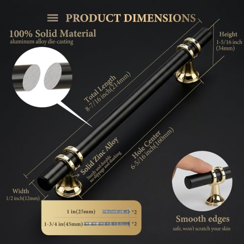 Haliwu 10 Pack 6-1/4 Inch Black and Gold Cabinet Handles | 160mm Hole Center, Solid Aluminum and Zinc Alloy, Kitchen Pulls Hardware for Bathroom Drawer Dresser - color: Black&Gold, size: 6-1/4 inch (160mm) hole spacing