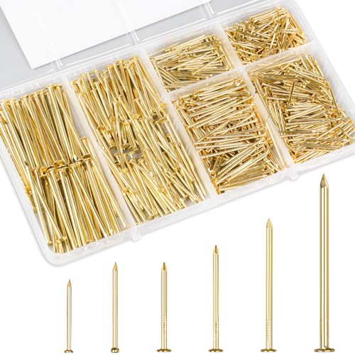 KURUI Gold Picture Hanging Nails Assortment Kit, 700 Pcs Wall Hanging Set for Frame, Art , Photo, 6 Sizes Brass Small Framing Nails for Home Improvement and Wall Decor - color: Gold