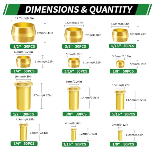 460pcs Brass Compression Sleeves Ferrules Inserts Fittings Kit | 6 Sizes 1/2" 3/8" 5/16" 1/4" 3/16" 1/8" Hose Repair Kit of Air Water Fuel Oil Gas Tube Lines - color: 460PCS Brass Compression Sleeves Ferrules Inserts