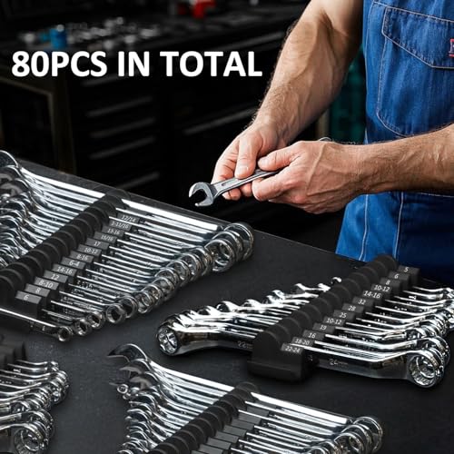 DEHOYI 80 pcs Modular Wrench Organizers for Tool Drawers - Wrench Rack with Metric & SAE Labels, Perfect Tool Storage Holder. Gift for father, brother and boyfriend (No Magnet, Black) - style: No-Magnet(80 pcs Black)