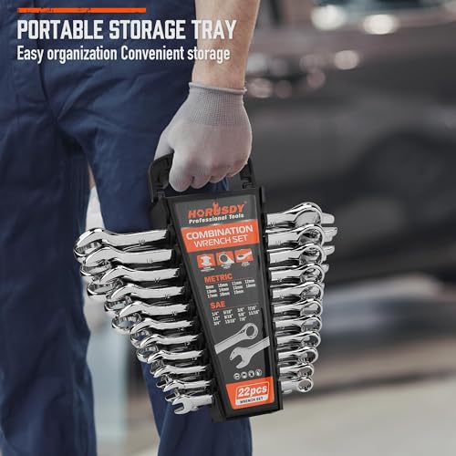 HORUSDY 22-Piece Wrench Set, Metric & SAE, 9mm - 19mm, 1/4" - 7/8", Combination Wrenches Set with Storage Rack, 12 Point Chrome Vanadium Steel - style: 22-Piece Wrench Set(Metric&SAE)