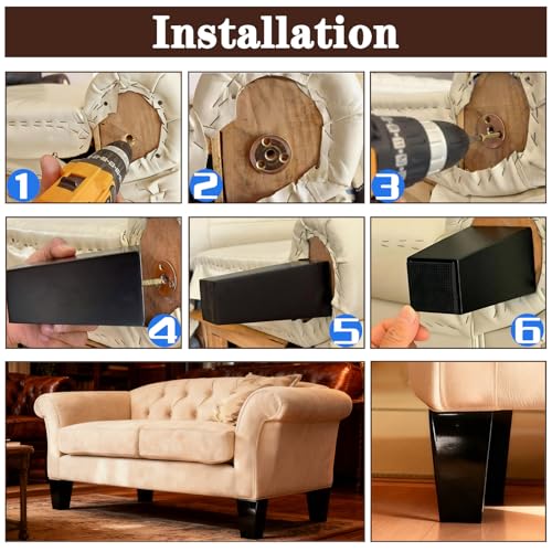 SHANJUE 8 Inch Black Couch Legs - Square Wood Sofa Legs for Furniture, 4PC - size: 8 inch