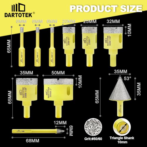 Diamond Core Drill Bits Set 10PCS - DARTOTEK Tile Hole Saw Kit (6/6/6/20/25/32/35/50mm/1 3/8"/6mm for Porcelain, Ceramic Tile, Granite, Marble, Masonry - size: set7