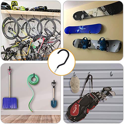 KURUI Large Heavy Duty Screw Hooks for Hanging Plants, Outdoor String Lights, Bike, 8 Pack Ceiling Hooks for Garage Organization and Storage, Black No Drill Wall Hangers - size: 5.7 Inch