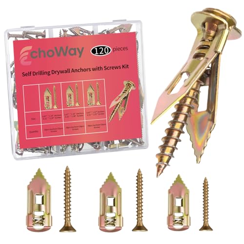 3 Sizes Self Drilling Drywall Anchors with Screws Kit, 120PCS Heavy Duty Galvanized Metal Expansion Anchors, Drywall Grip Anchors and Screws for Shelf, Mirror, Pictures Frames