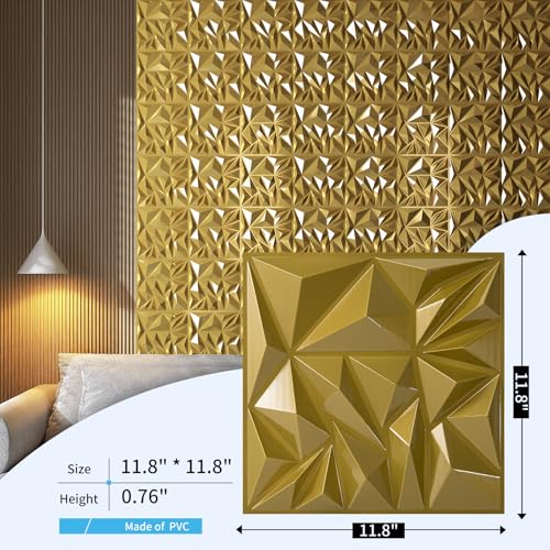 Art3d 33-Pack Modern Diamond Textured 3D Wall Panels, 12 x 12 in, Gold - color: Gold, size: 12x12 Inch 33 pcs